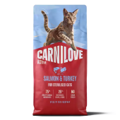 Супер премиум суха храна за кастрирани котки Carnilove ACTIVE Salmon & Turkey с 26% прясна сьомга и пуешко месо 400гр